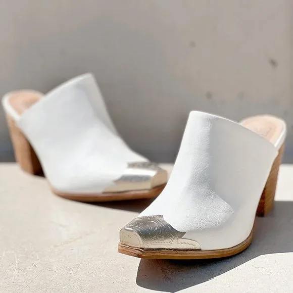 NEW White PU Leather Silver Metal Pointy Square Toe Block Heel Western Mule Shoe - Picture 8 of 13